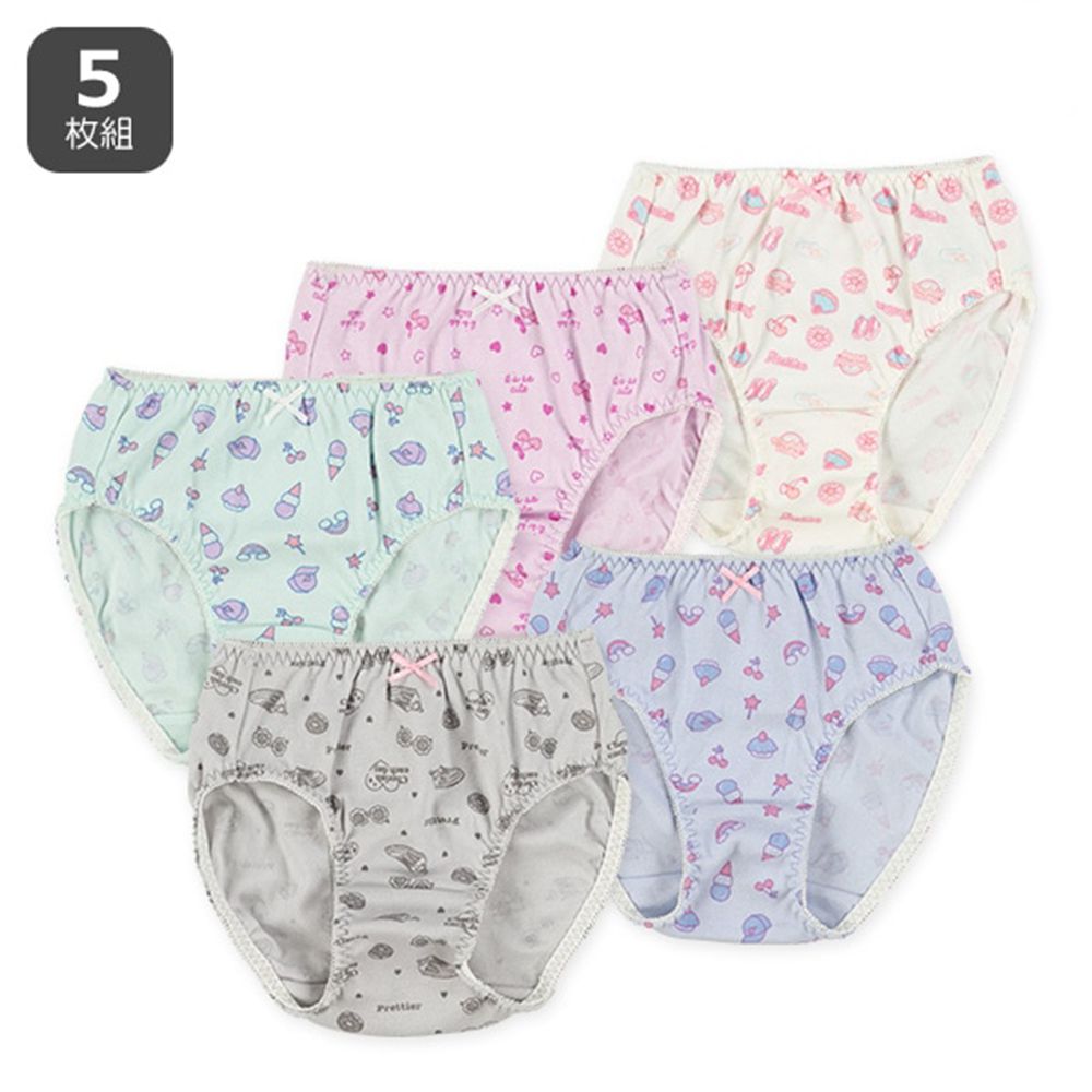 混棉女孩內褲(5件組)-櫻桃&甜點們-藍綠粉灰