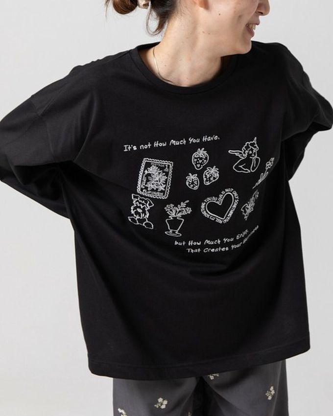 日本 gleam - 甜蜜刺繡印花休閒寬版長袖T恤-黑