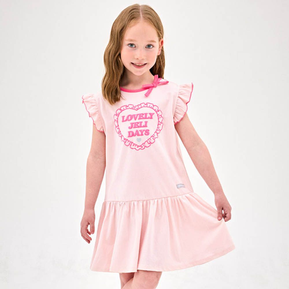 心形圖案挖背荷葉袖拼接洋裝-粉