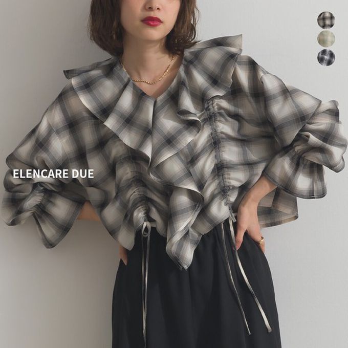 日本 ELENCARE DUE - 飄逸荷葉領浪漫抽繩長袖上衣-黑系