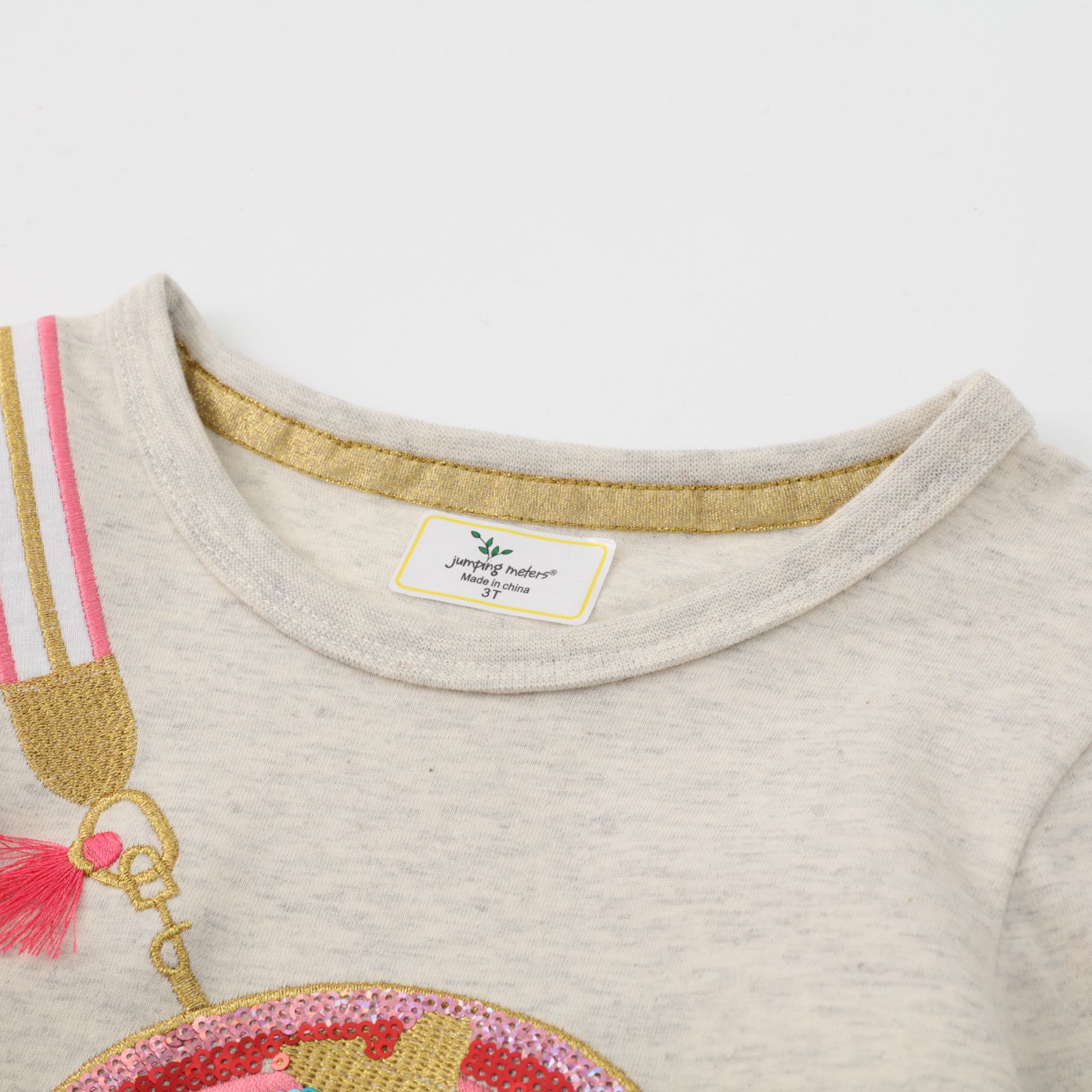 Jumping meters - 棉質圓領長袖連身網紗洋裝-亮片彩虹-灰+橘粉