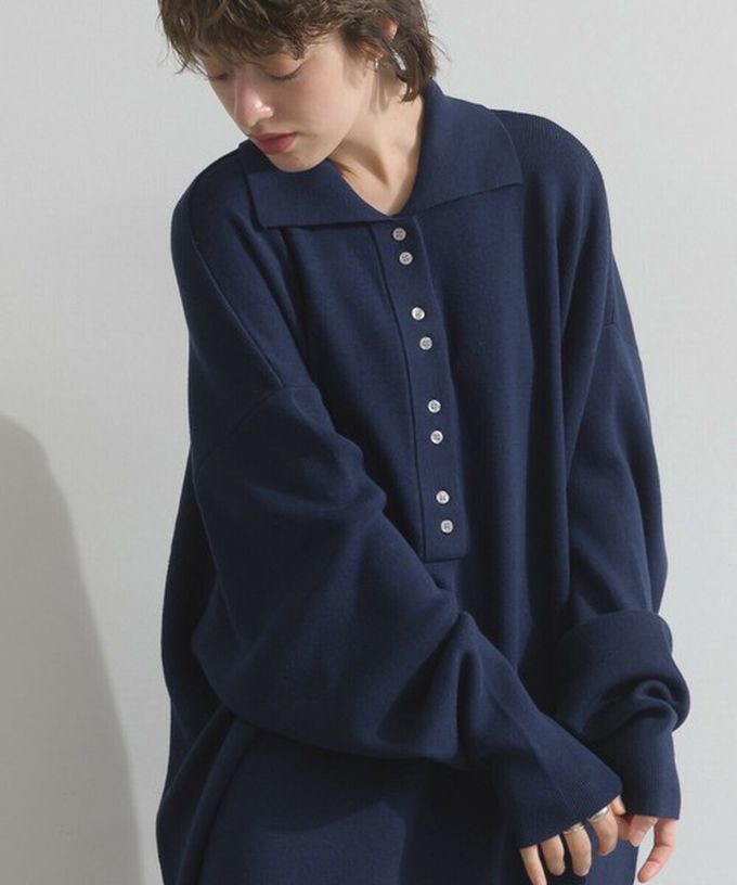 日本 Lupilien - 氣質排扣polo衫針織長袖洋裝-海軍藍