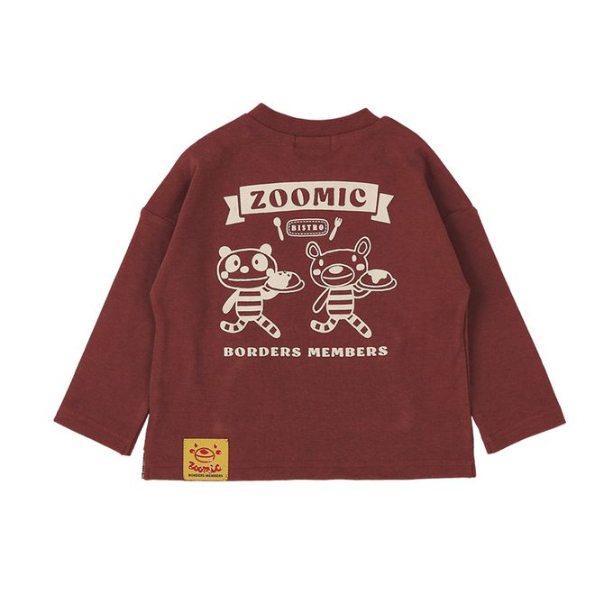 日本 ZOOLAND - 俏皮印花格紋拼接長袖上衣-療癒咖哩飯-酒紅