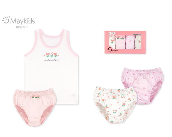 韓國 Maykids - (4入組)女寶無螢光棉親膚三角褲-愛心花-粉X白