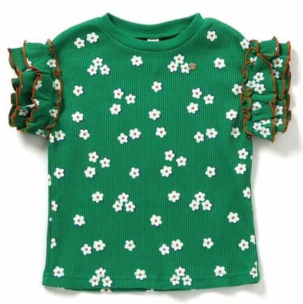 華夫格QQ荷葉短袖上衣-小花朵-濃綠