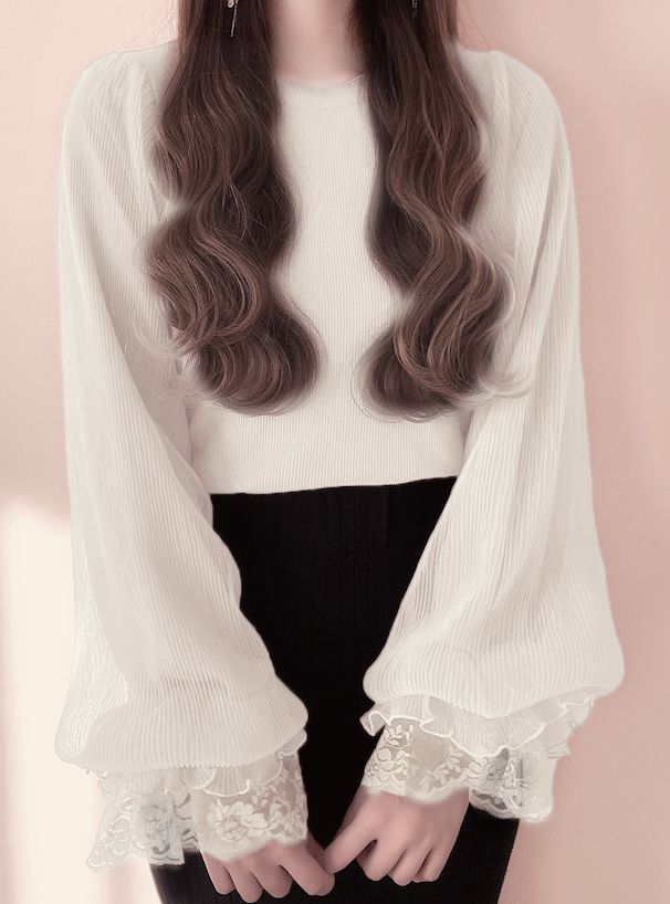 日本 GRL - 甜美薄紗拼接長袖上衣-煙燻粉 (F)