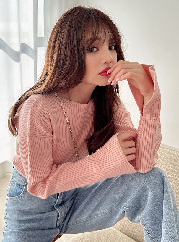 日本 GRL - 袖口剪裁船領羅紋長袖上衣-春芽綠