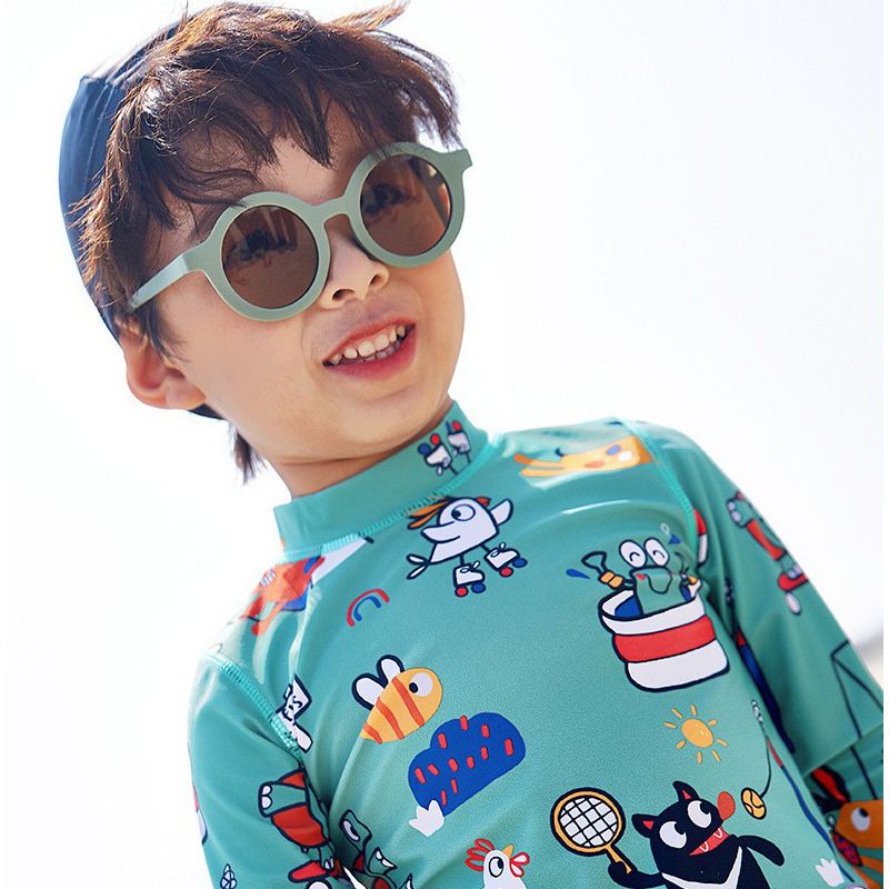 男寶防曬長袖泳裝套裝(附帽子)-動物世界-綠色