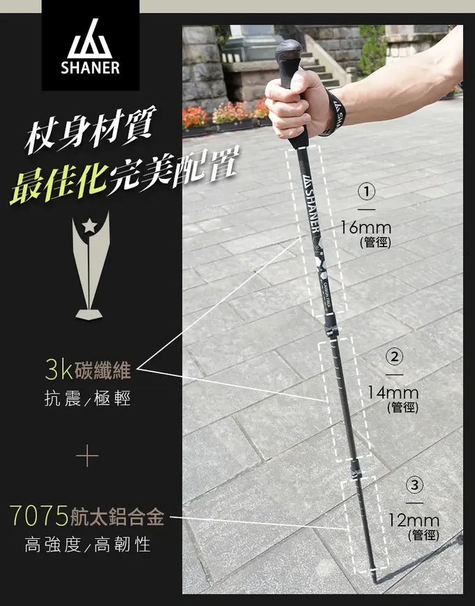 SHANER - 碳纖維伸縮自拍登山杖(自拍架需另購)