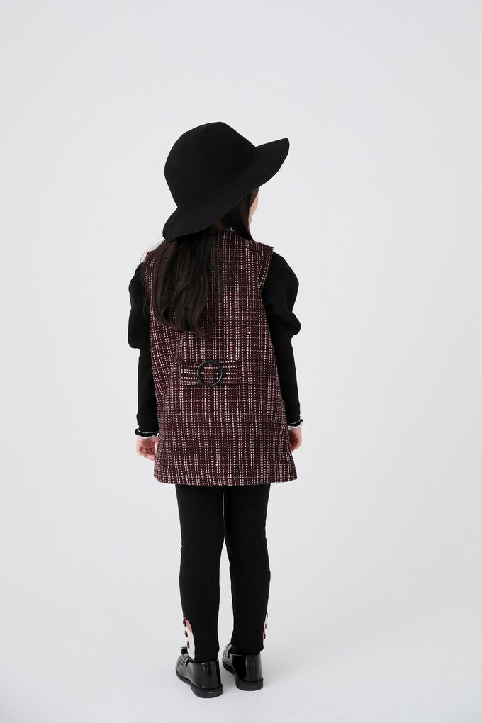 韓國 Coco Bang - 雙排鈕釦裝飾混羊毛背心洋裝-酒紅