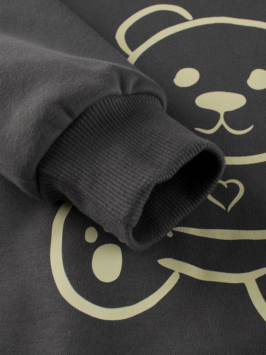 加絨棉質圓領長袖上衣/大學T-熊熊-深灰色