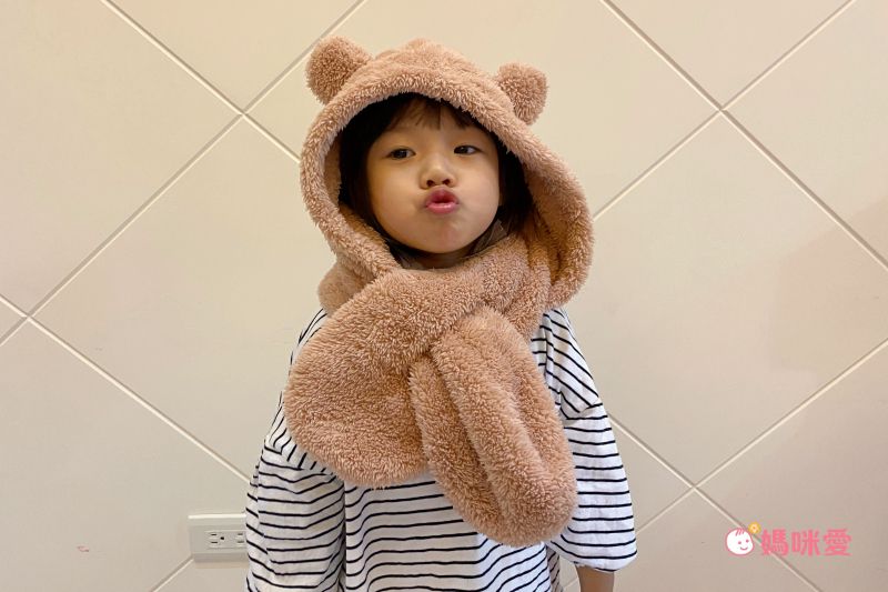 日本 AUBE - 毛茸茸保暖圍脖帽(親子通用款)-熊耳造型-粉紅 (Free size)