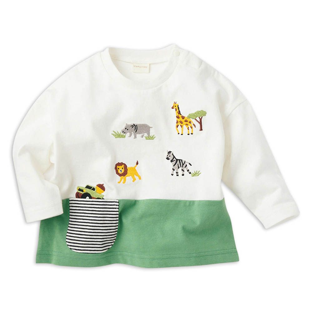 長袖T恤-拼接刺繡-綠色