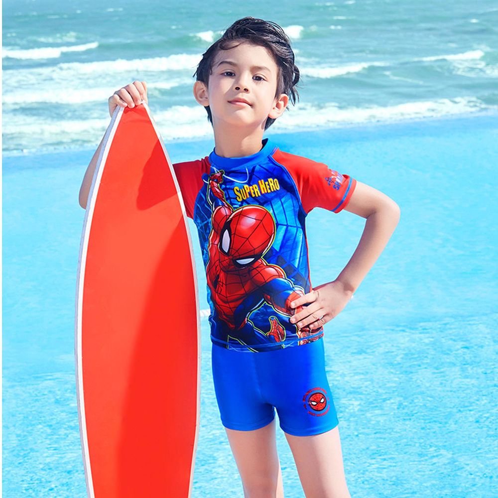 男寶短袖泳裝套裝-蜘蛛人-紅+藍