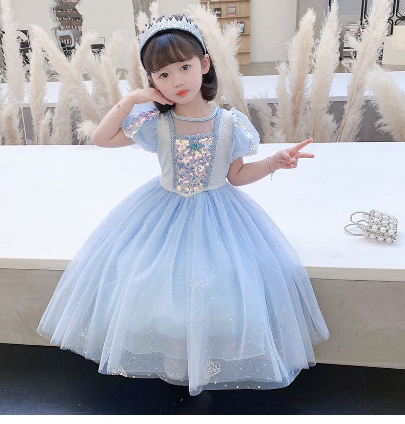 (不含披風)公主亮片短袖網紗洋裝-夢幻藍