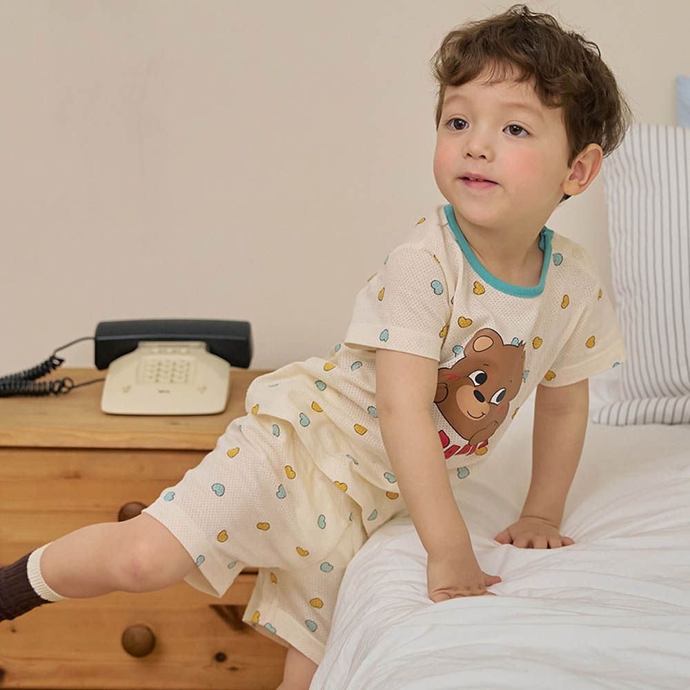 透氣網眼洞洞短袖家居服/睡衣-陶醉熊熊-米黃