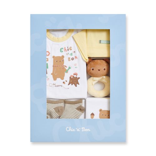 Chic a Bon 五福短袖兔裝/連身衣5件組禮盒 3-6個月(兔裝+帽子+圍兜+襪子+手搖鈴 附提袋)-黃色