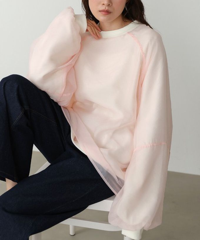 日本 Bab - 熱銷經典 薄紗層次裏毛長袖上衣-蘋果綠