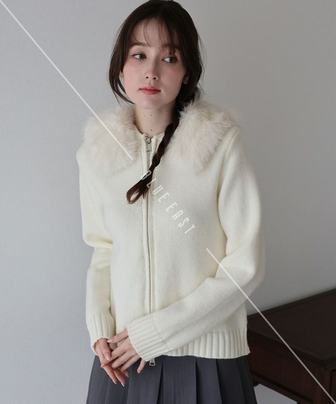 日本 BLUE EAST - 澎澎可愛毛絨帽雙拉鍊針織外套-卡其