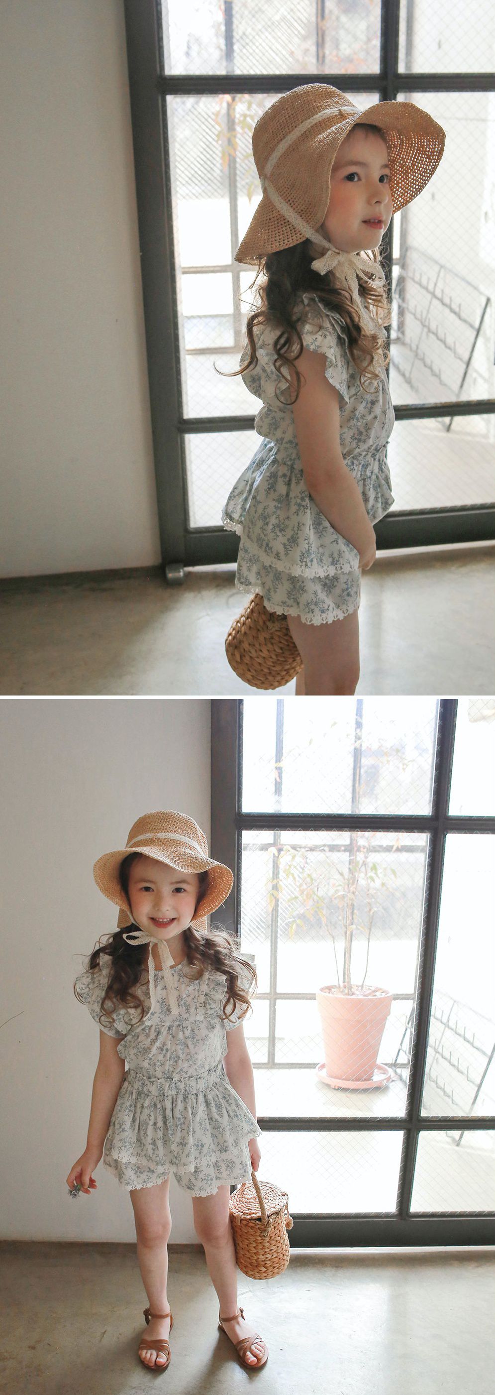 韓國 PuellaFLO - 雙層荷葉袖碎花上衣-藍花