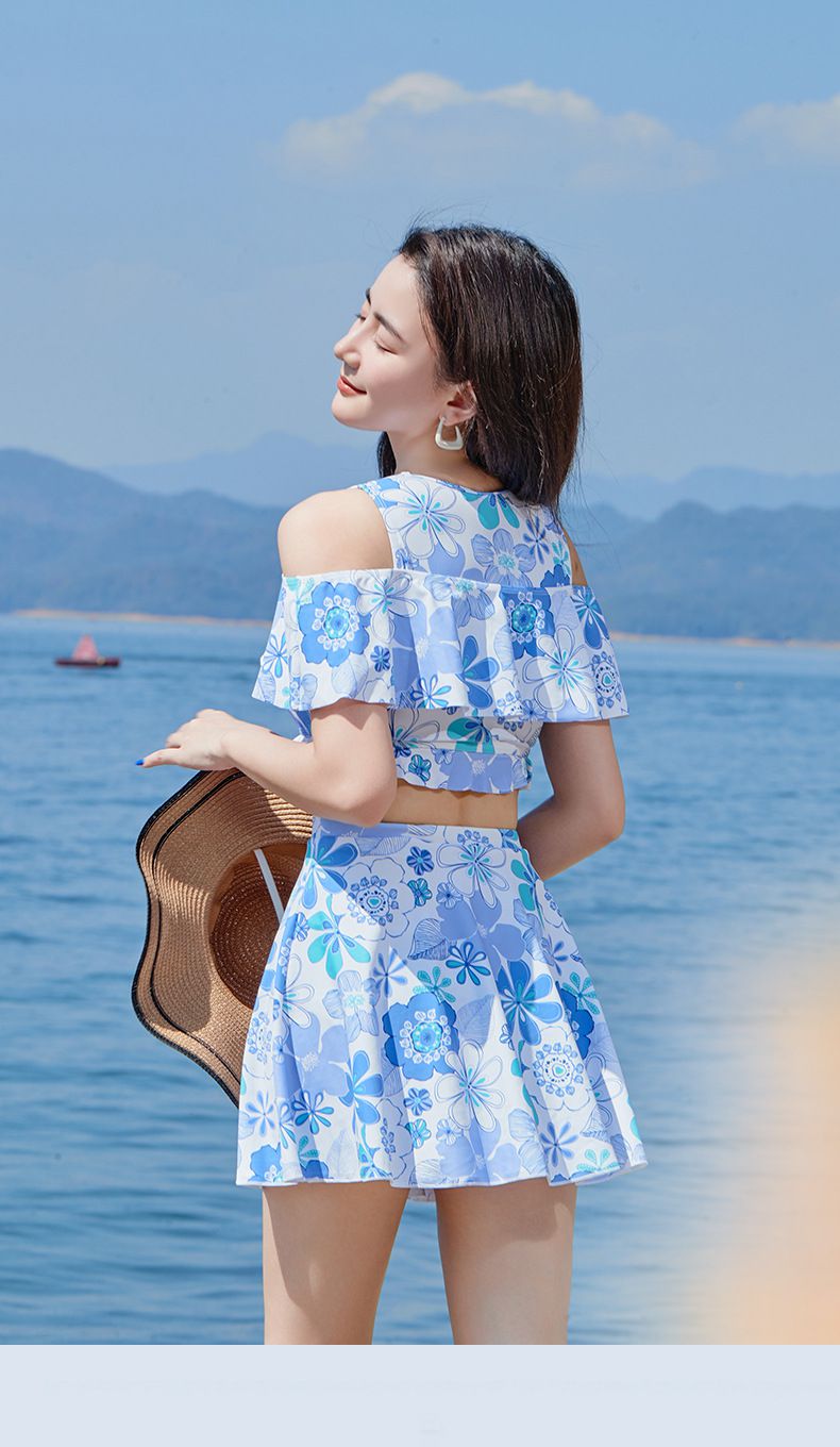 小清新高腰防走光露肩泳衣套裝-滿版花花-藍色