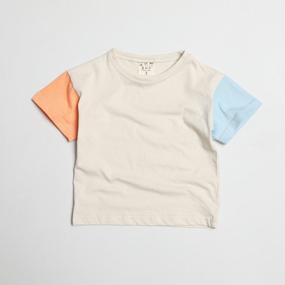 韓國製 - 撞色袖拼接純棉T-橘X藍