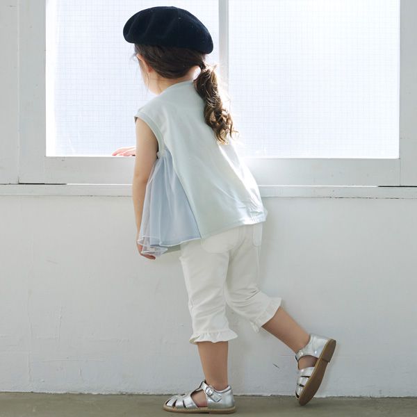 日本 petit main - 小花薄紗拼接A line無袖上衣-淺綠