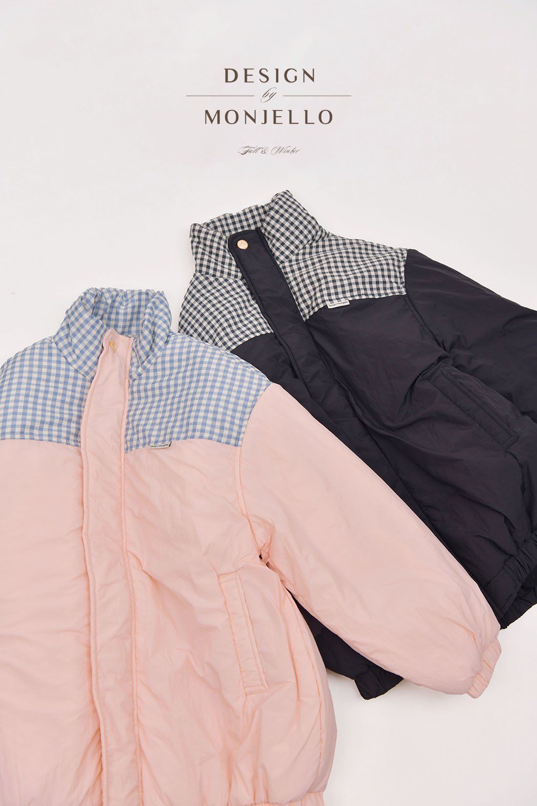 韓國 MONJELLO - 格子點綴拉鍊立領鋪棉外套-粉