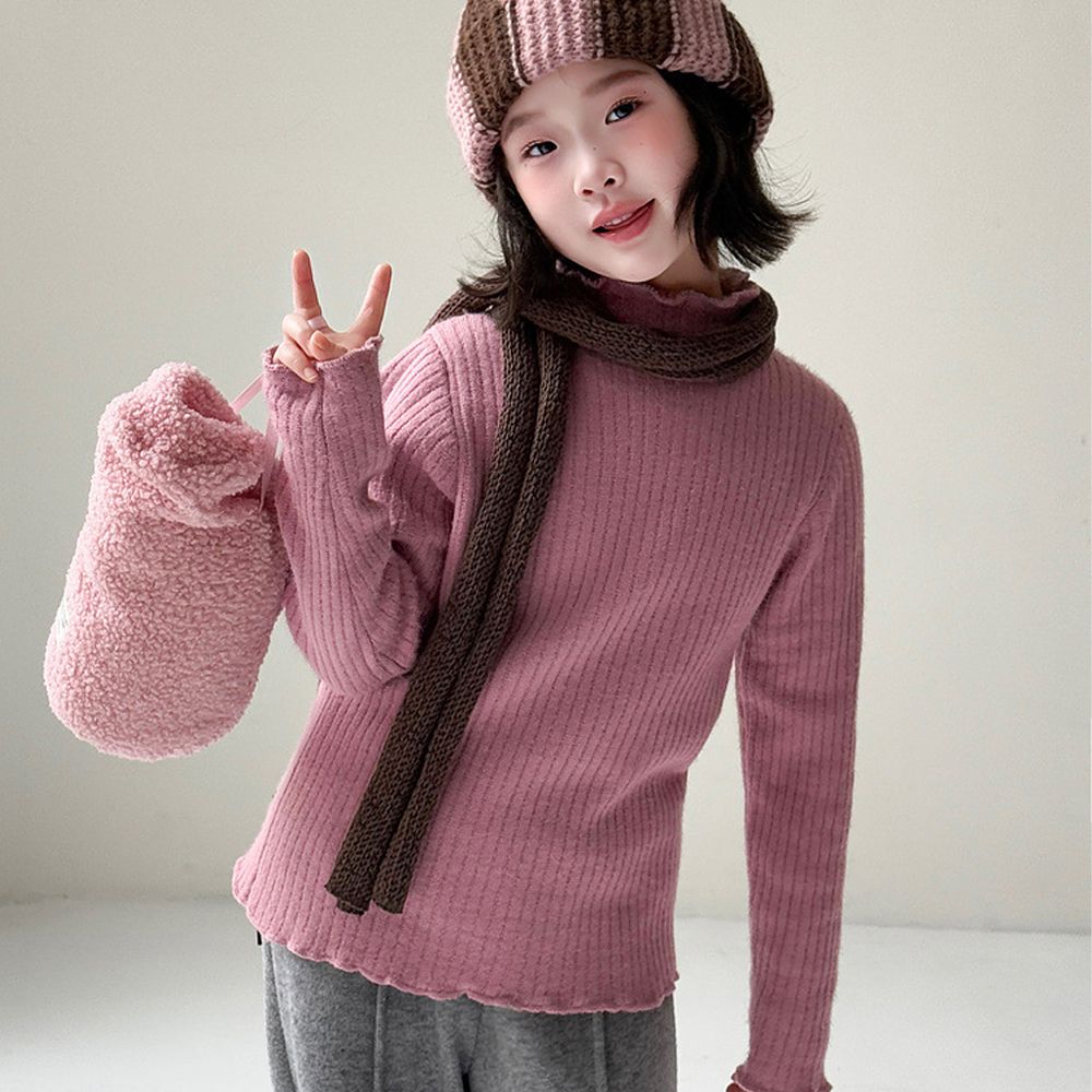 內加絨高彈木耳邊長袖上衣-粉紫