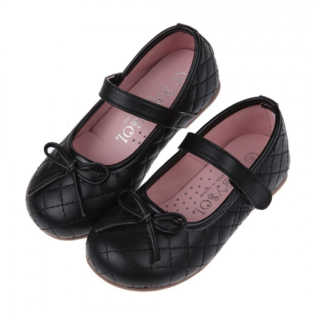 台灣製造 - 菱格紋典雅手綁蝴蝶結黑色兒童公主鞋