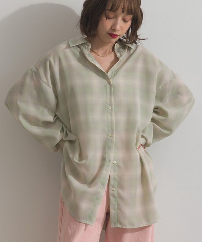 日本 ELENCARE DUE - 2way穿法輕盈透膚寬版薄襯衫-格紋-米棕系