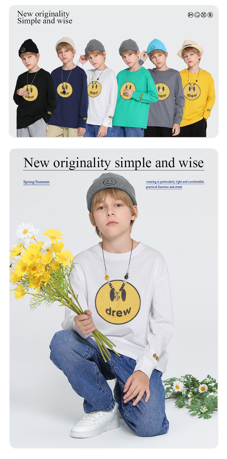 純棉基礎款長袖上衣-drew笑臉-黑色