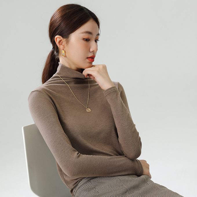 加絨針織半高領上衣-白色 (F)