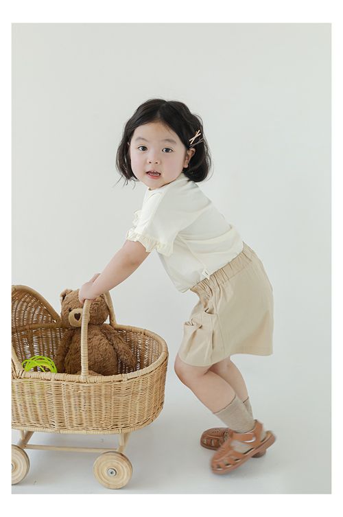 圓領木耳邊短袖上衣-女孩-米色