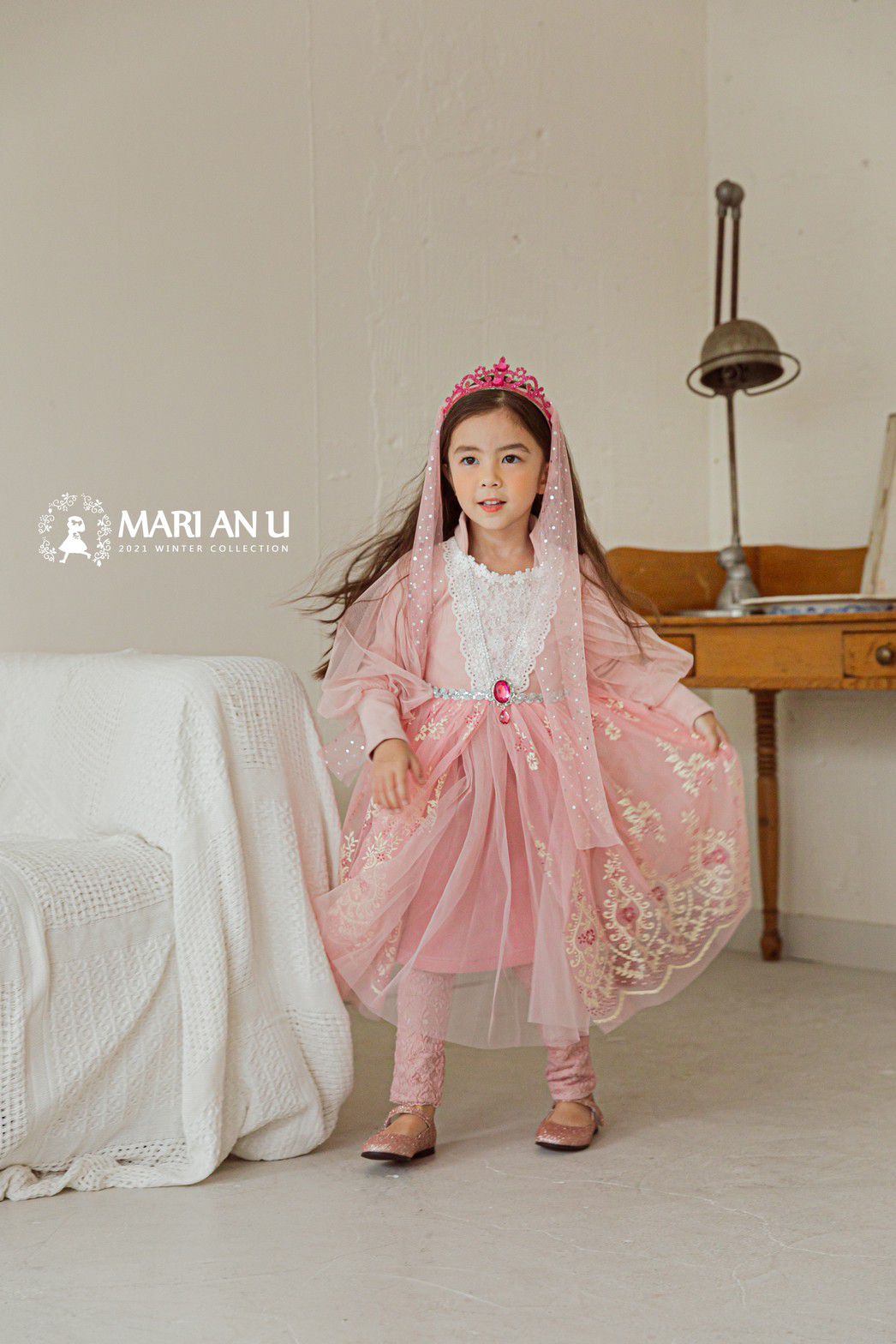韓國 Mari an u - 冰晶公主網紗泡泡袖洋裝-粉紅