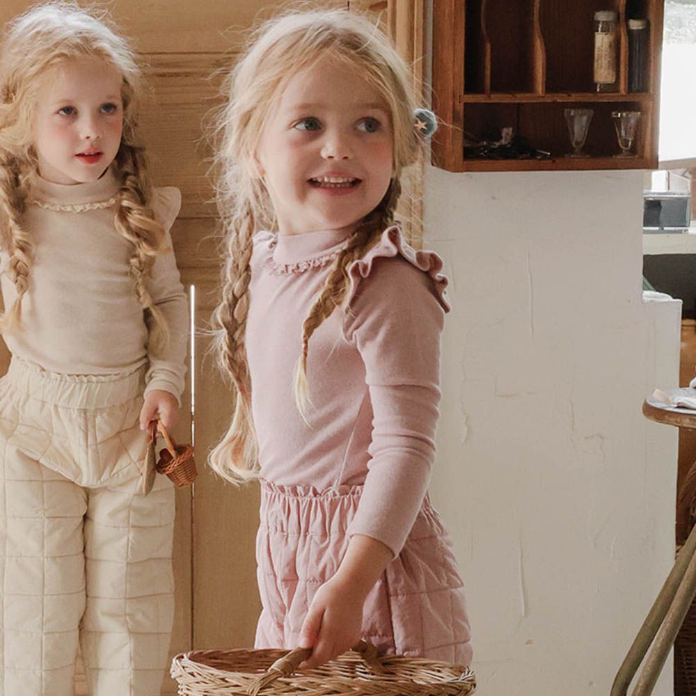 Puellaflo 蕾絲裝飾中領彈性長袖上衣-粉