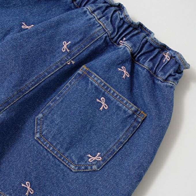 日本 Lycee mine - 甜美刺繡純棉丹寧風褲裙-蝴蝶結-中青