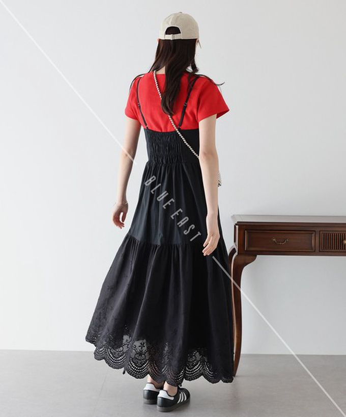 日本 BLUE EAST - 精緻雕花下擺迷人細肩帶洋裝-黑