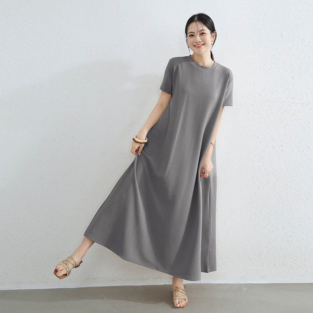 氣質華夫格顯瘦A字短袖長洋裝-灰色