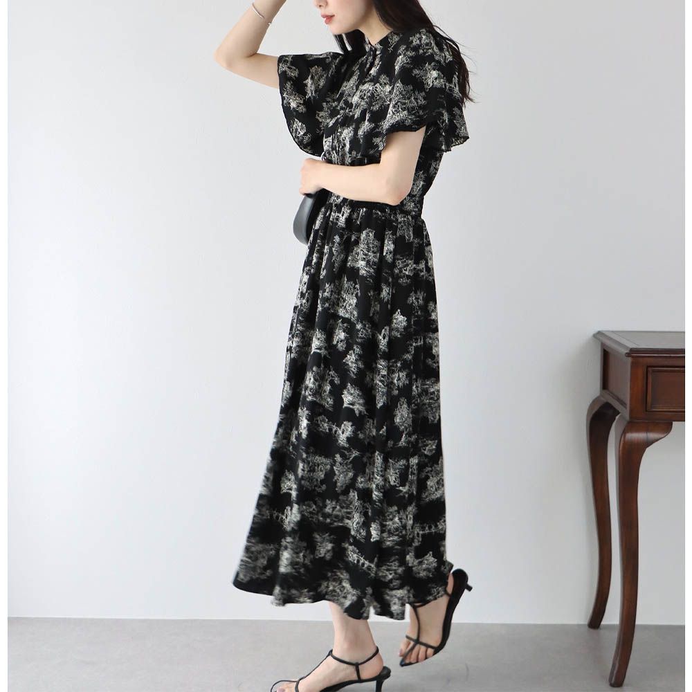 浪漫時光碎花雪紡短袖洋裝-渲染花紋-白x黑