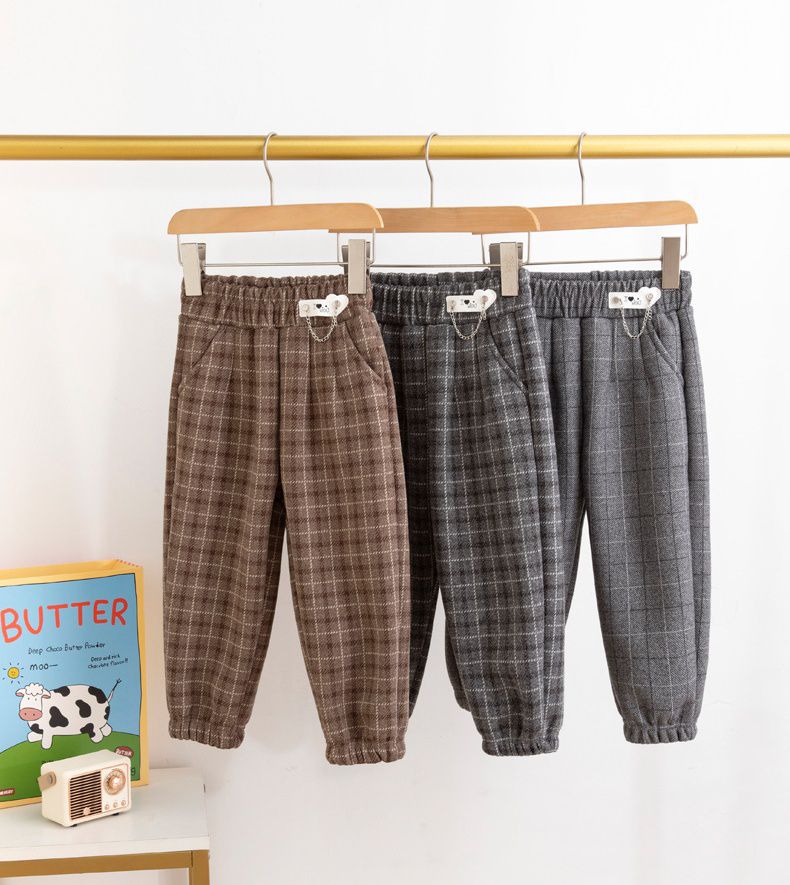 FANMOU - 英倫風加絨腰鬆緊格紋長褲-咖啡色