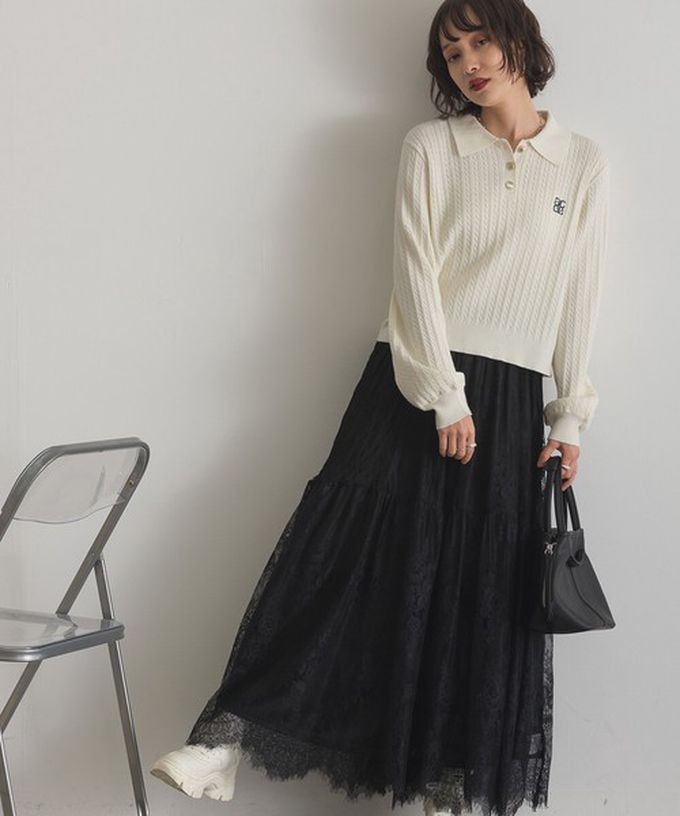 日本 ELENCARE DUE - 奢華睫毛蕾絲飄逸長裙(2件式)-黑