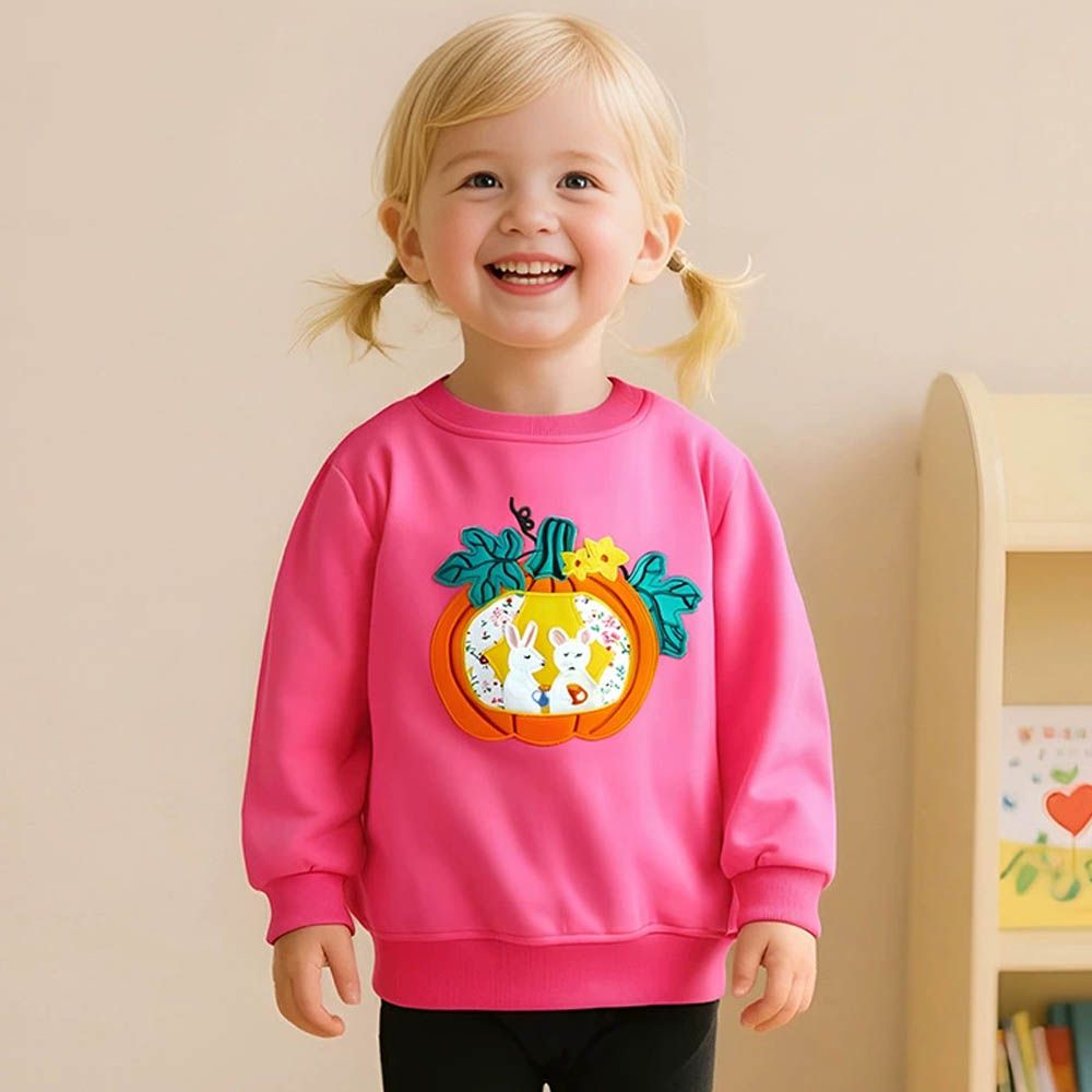 [萬聖節]純棉圓領長袖上衣/大學t-南瓜兔兔-桃粉色