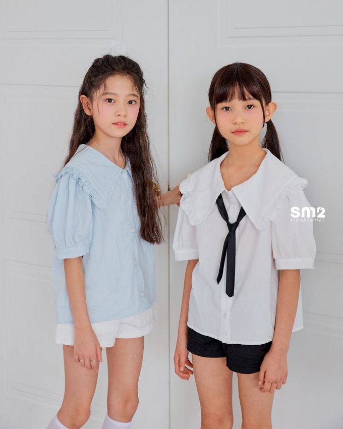 韓國 sm2 - 大荷葉翻領短袖襯衫-水藍