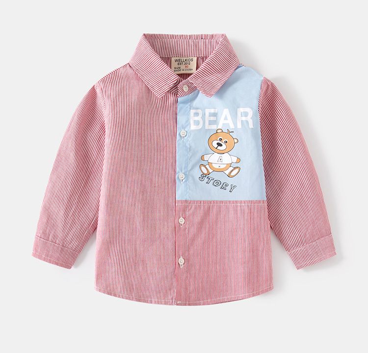 WELLKIDS - 童趣休閒條紋長袖襯衫-熊熊故事-紅色
