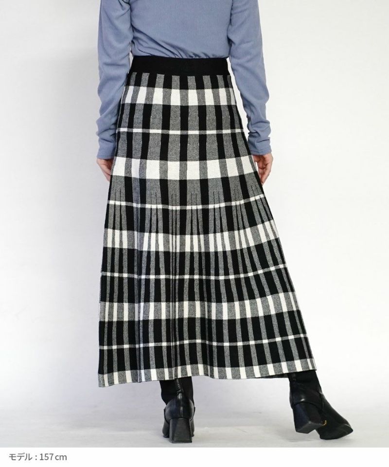 日本 zootie - 單色格紋百褶針織長裙-黑白-M