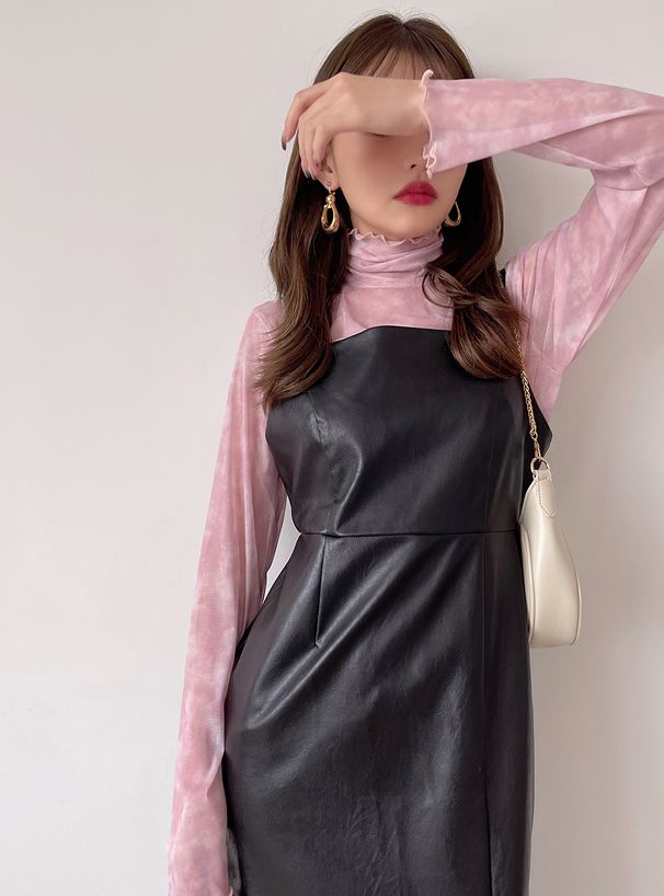 日本 GRL - 帥氣皮質開衩吊帶洋裝-簡約黑