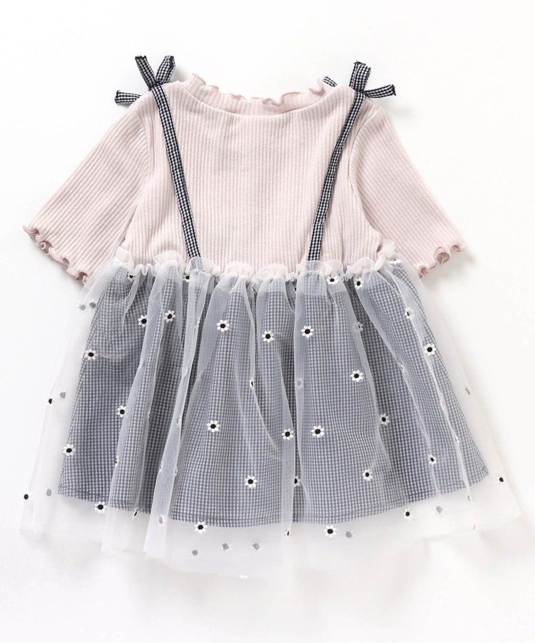 日本 apres les cours - 花朵刺繡拼接夢幻短袖上衣-嫩綠x黑