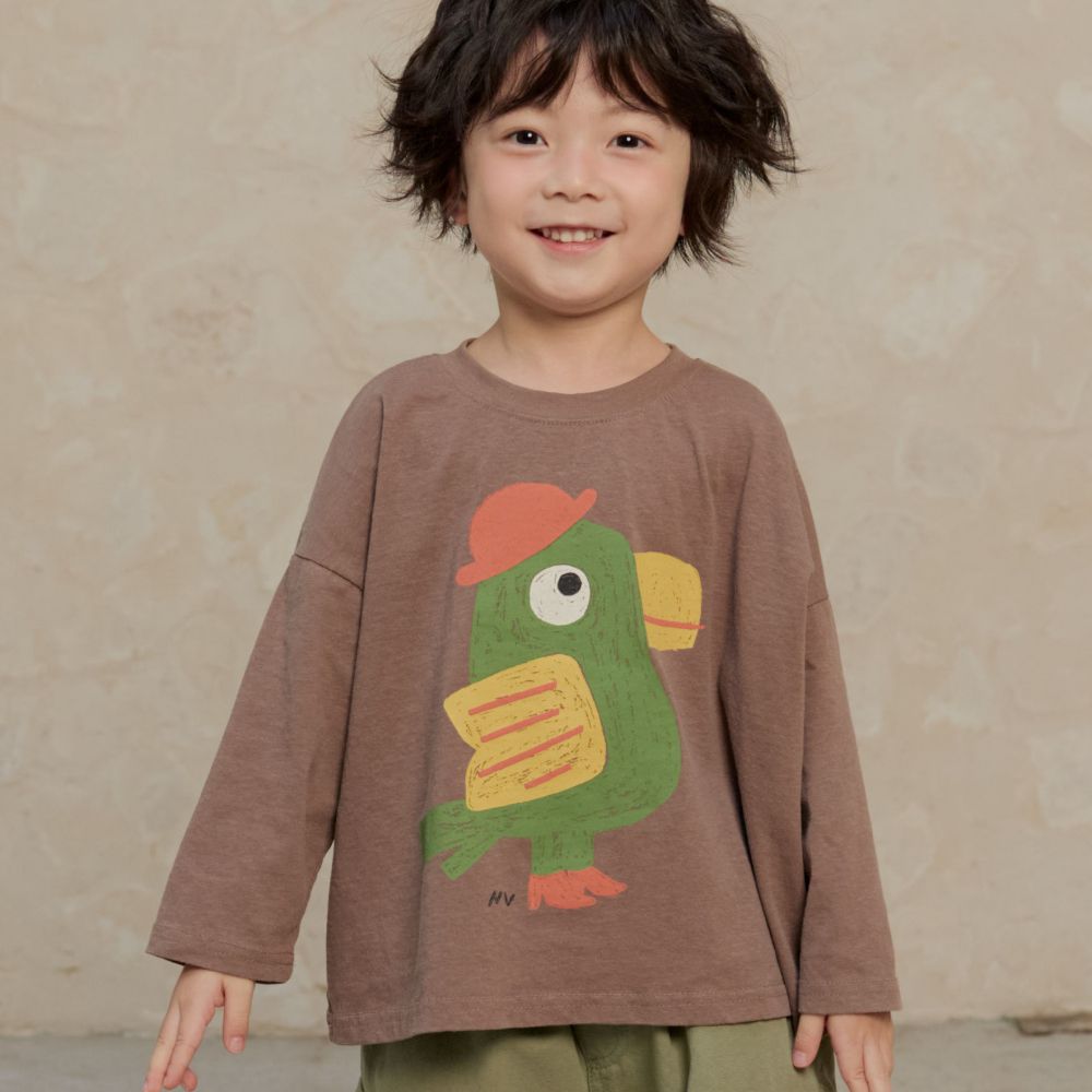 NAVi 塗鴉小鳥圖案純棉長袖上衣-咖啡