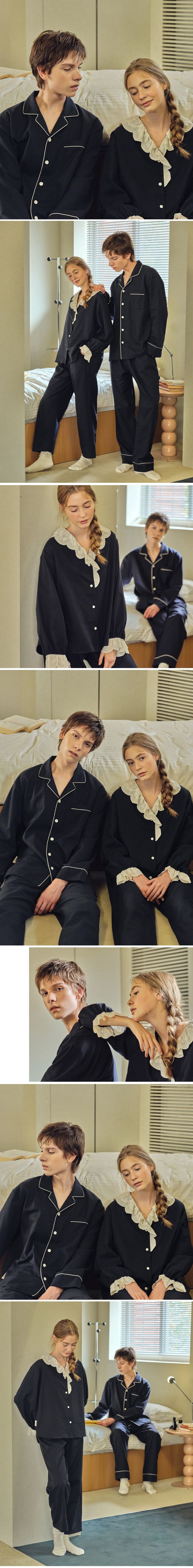 韓國 ULLALA - (情侶款)質感純色長袖睡衣套裝-男款-深藍 (FREE)